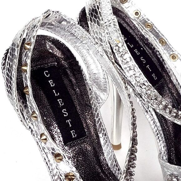NEW Celeste Metallic Silver Open Toe Studded Stiletto Heels Size 6.5 - Picture 6 of 7